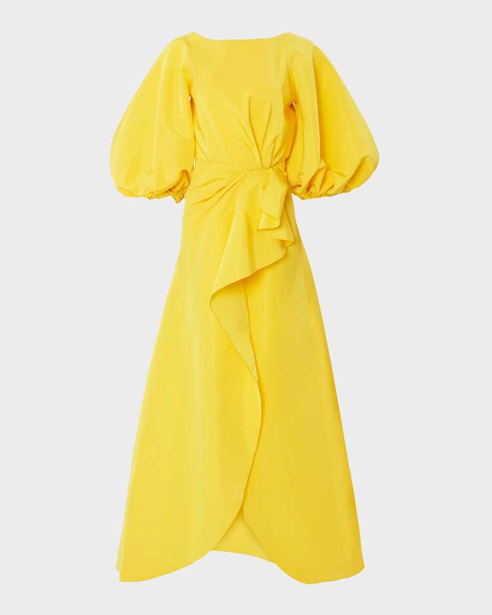 High-Neck Puff-Sleeve Draped Sarong Gown
